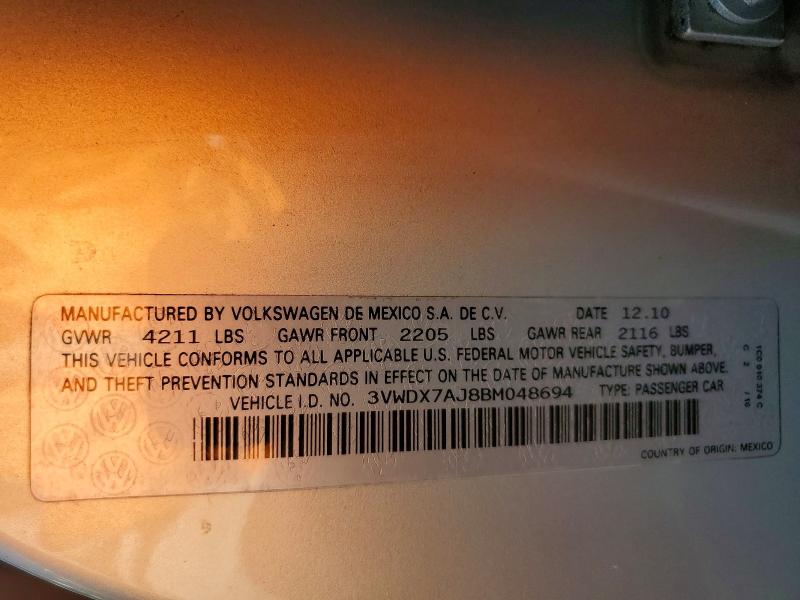 Aukcja sprzedaży 2011 Volkswagen Jetta, vin: 3VWDX7AJ8BM048694, numer aukcji: 62801976