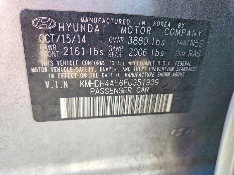 59685546 :رقم المزاد ، KMHDH4AE6FU351939 vin ، 2015 Hyundai Elantra مزاد بيع