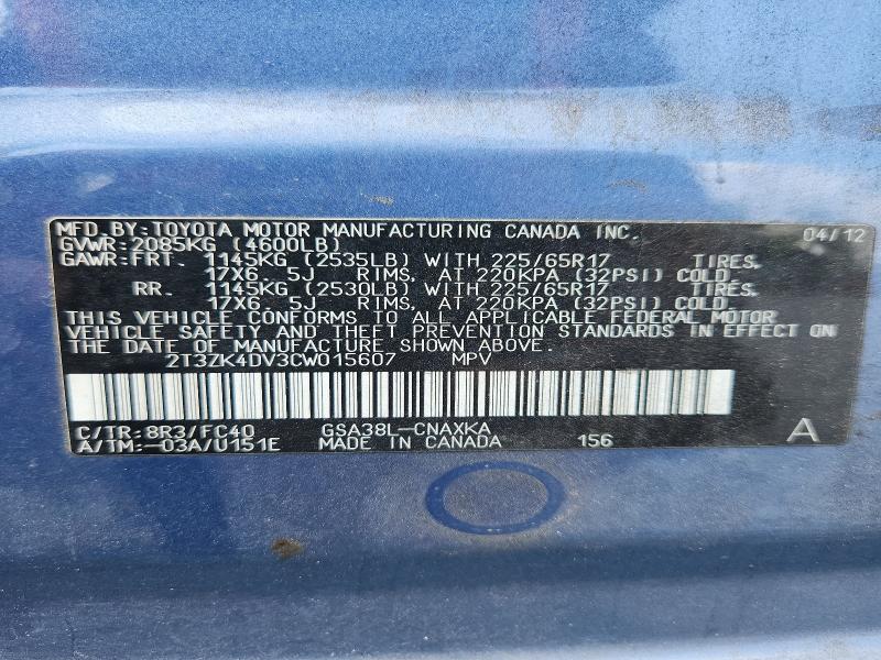 Aukcja sprzedaży 2012 Toyota Rav4, vin: 2T3ZK4DV3CW015607, numer aukcji: 61687426