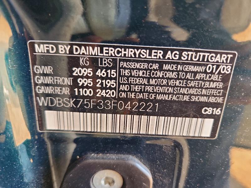Aukcja sprzedaży 2003 Mercedes-benz Sl, vin: WDBSK75F33F042221, numer aukcji: 85792415