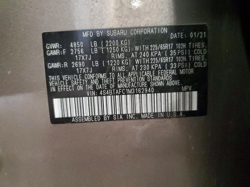Aukcja sprzedaży 2021 Subaru Outback, vin: 4S4BTAFC1M3162940, numer aukcji: 60592686