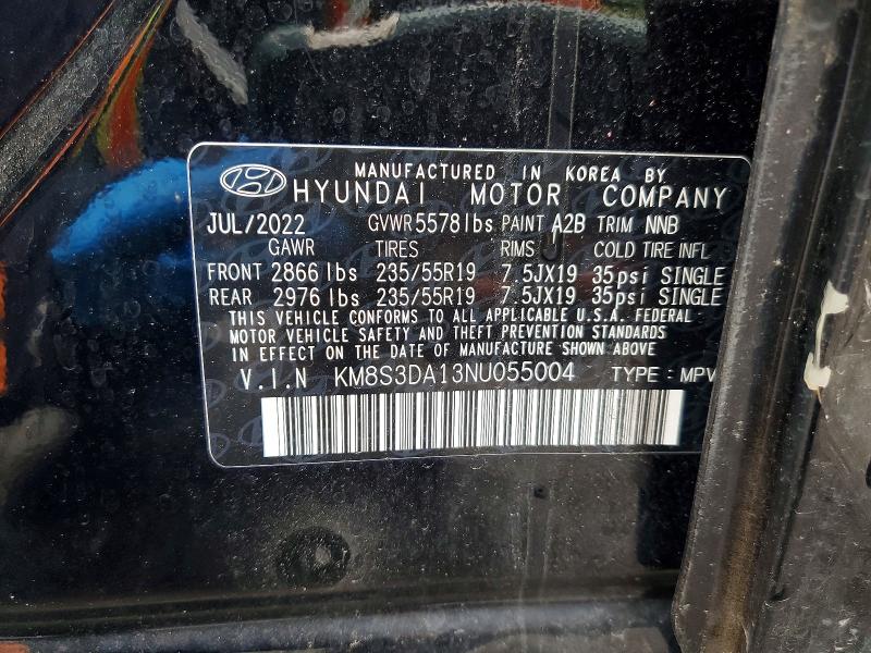 Aukcja sprzedaży 2022 Hyundai Santa Fe, vin: KM8S3DA13NU055004, numer aukcji: 62856356