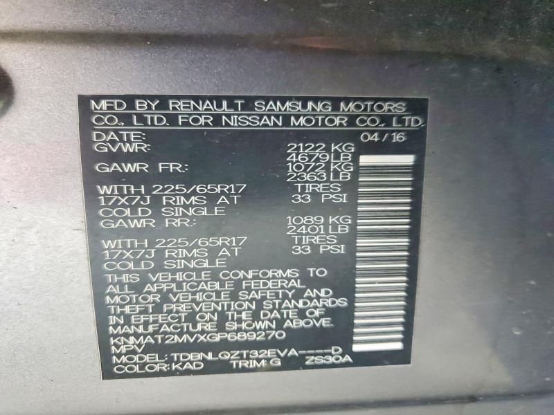 59981256 :رقم المزاد ، KNMAT2MVXGP689270 vin ، 2016 Nissan Rogue مزاد بيع