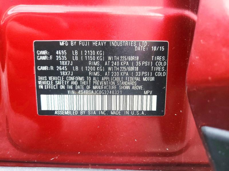 2016 Subaru Outback მანქანა იყიდება აუქციონზე, vin: 4S4BSAJC0G3248321, აუქციონის ნომერი: 60139936