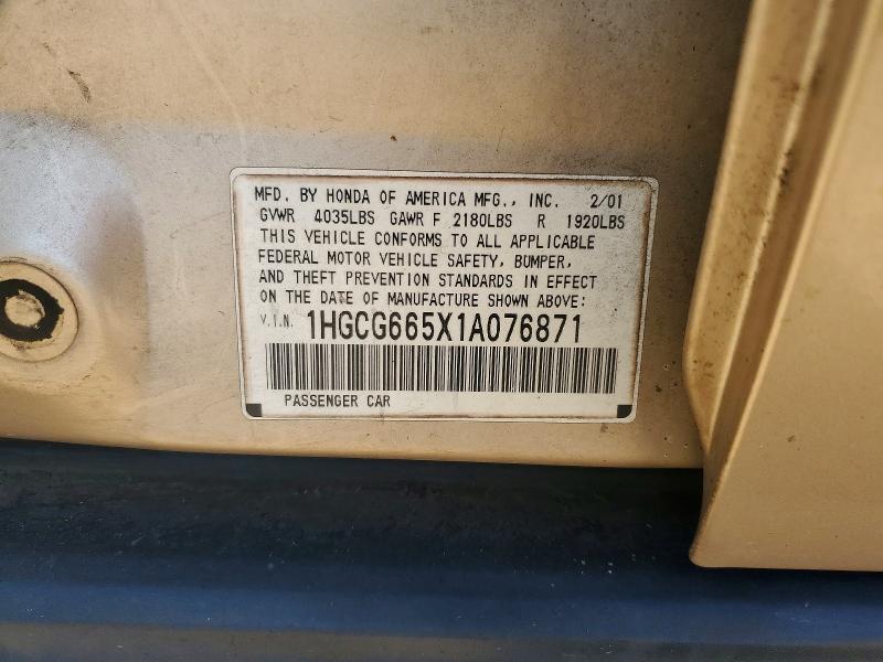 Aukcja sprzedaży 2001 Honda Accord, vin: 1HGCG665X1A076871, numer aukcji: 62058836