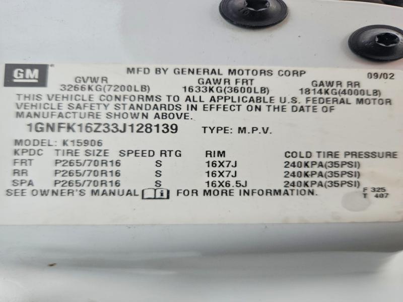 2003 Chevrolet Suburban მანქანა იყიდება აუქციონზე, vin: 1GNFK16Z33J128139, აუქციონის ნომერი: 62639986