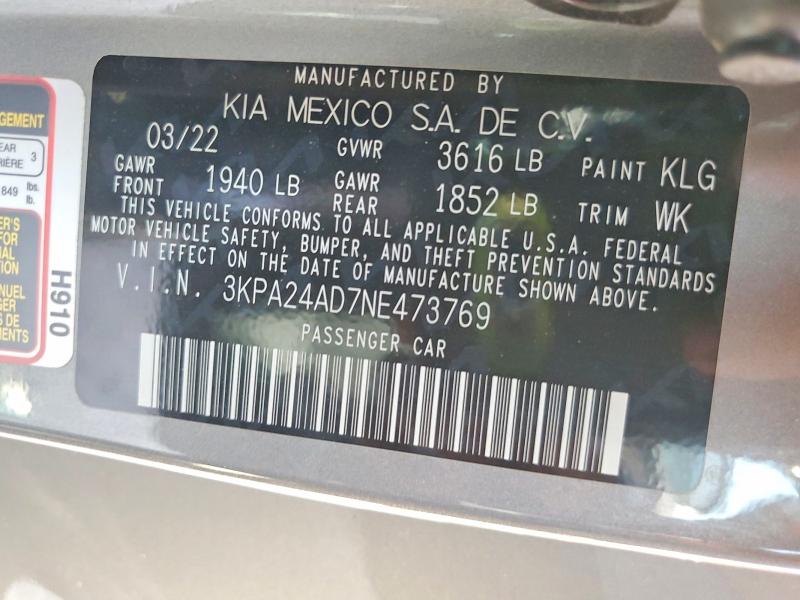 Продаж на аукціоні авто 2022 Kia Rio, vin: 3KPA24AD7NE473769, номер лоту: 61455566