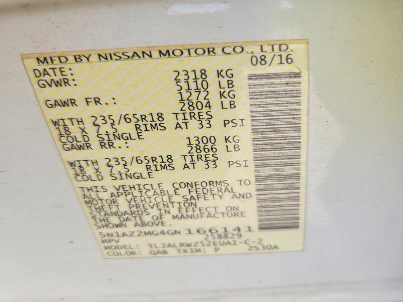 Продаж на аукціоні авто 2016 Nissan Murano, vin: 5N1AZ2MG4GN166141, номер лоту: 62960046