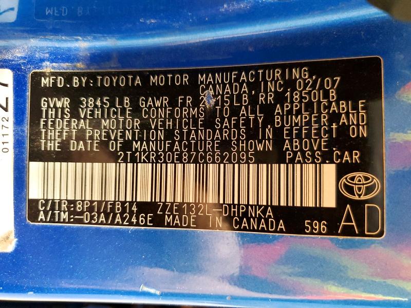 Aukcja sprzedaży 2007 Toyota Matrix, vin: 2T1KR30E87C662095, numer aukcji: 62853126