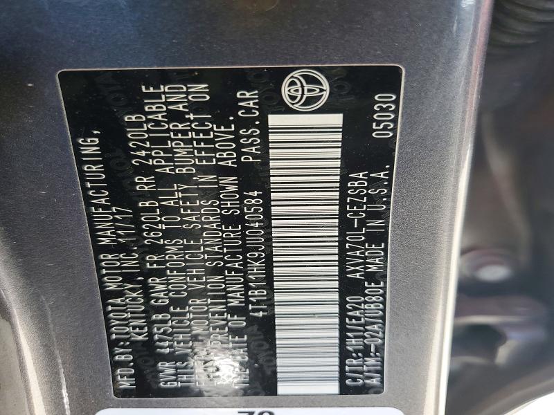 2018 Toyota Camry მანქანა იყიდება აუქციონზე, vin: 4T1B11HK9JU040584, აუქციონის ნომერი: 59954356