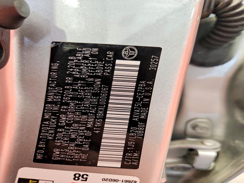 60263176 :رقم المزاد ، 4T1K61BKXLU006067 vin ، 2020 Toyota Camry مزاد بيع