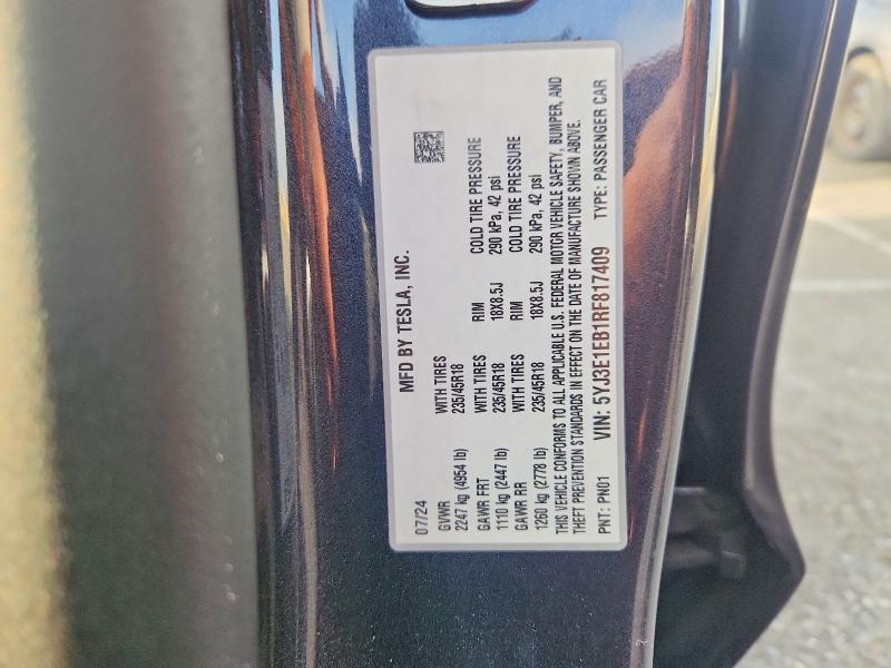 Aukcja sprzedaży 2024 Tesla Model 3, vin: 5YJ3E1EB1RF817409, numer aukcji: 63011786
