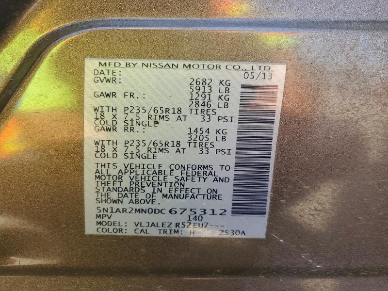 61347916 :رقم المزاد ، 5N1AR2MN0DC675312 vin ، 2013 Nissan Pathfinder مزاد بيع