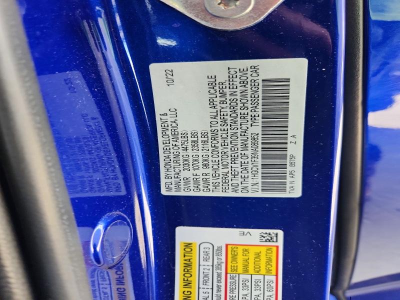 Aukcja sprzedaży 2022 Honda Accord, vin: 1HGCV1F39NA089852, numer aukcji: 61136856