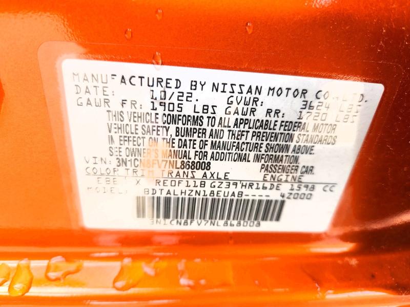 85771725 :رقم المزاد ، 3N1CN8FV7NL868008 vin ، 2022 Nissan Versa مزاد بيع