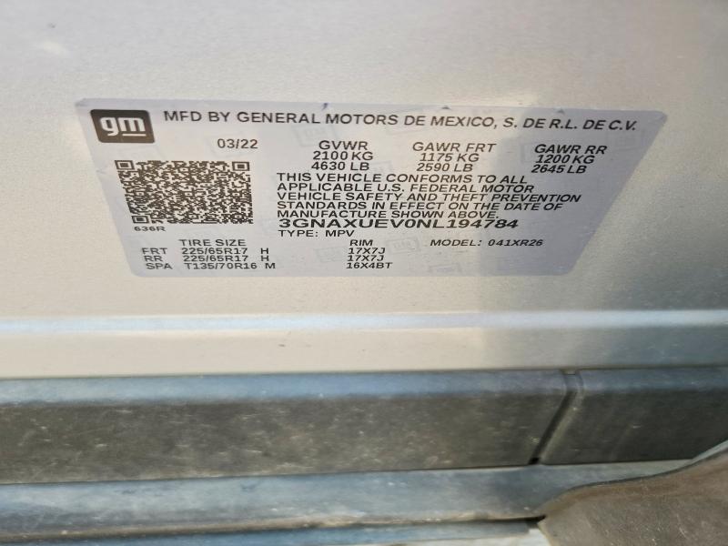 Aukcja sprzedaży 2022 Chevrolet Equinox, vin: 3GNAXUEV0NL194784, numer aukcji: 58875126
