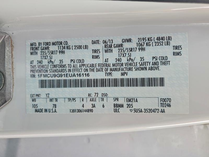 2014 Ford Escape მანქანა იყიდება აუქციონზე, vin: 1FMCU9G91EUA16116, აუქციონის ნომერი: 61198166