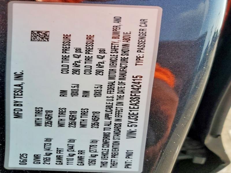 Aukcja sprzedaży 2025 Tesla Model 3, vin: 5YJ3E1EA3SF042415, numer aukcji: 62464706