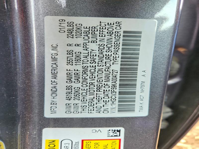 Продажа на аукционе авто 2019 Honda Accord, vin: 1HGCV3F59KA004727, номер лота: 60491506