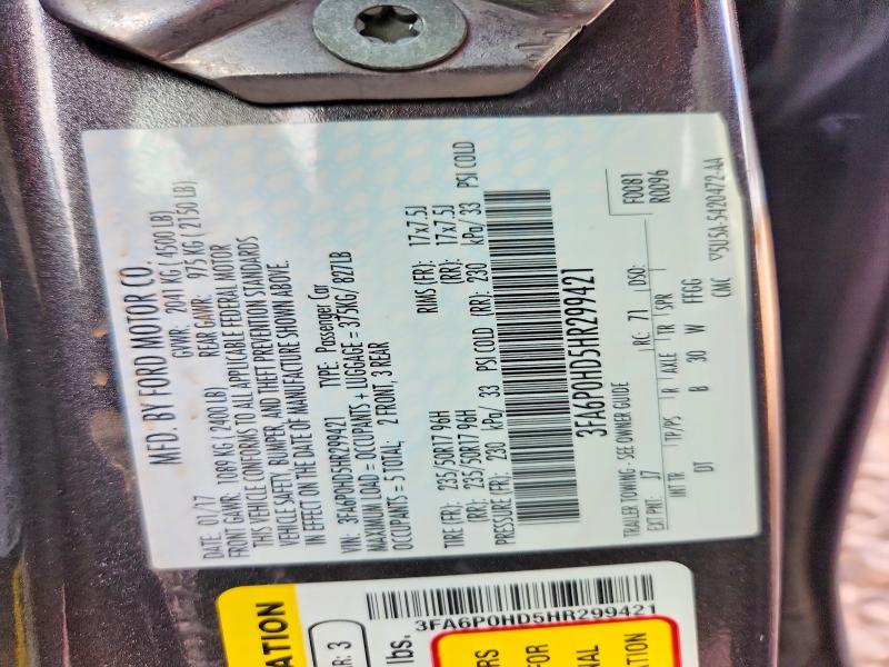 60520786 :رقم المزاد ، 3FA6P0HD5HR299421 vin ، 2017 Ford Fusion مزاد بيع