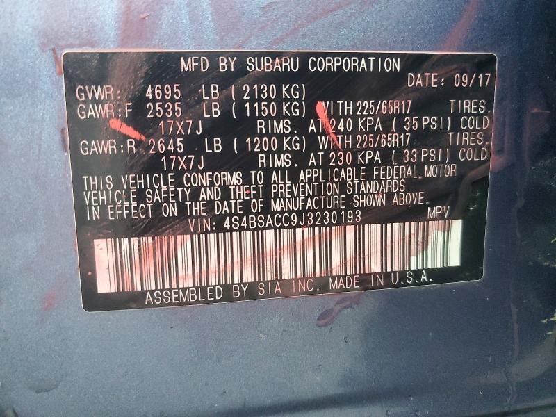 Aukcja sprzedaży 2018 Subaru Outback, vin: 4S4BSACC9J3230193, numer aukcji: 62184616
