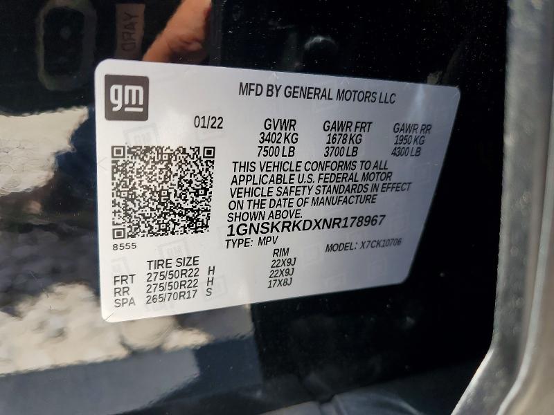 Aukcja sprzedaży 2022 Chevrolet Tahoe, vin: 1GNSKRKDXNR178967, numer aukcji: 59347176