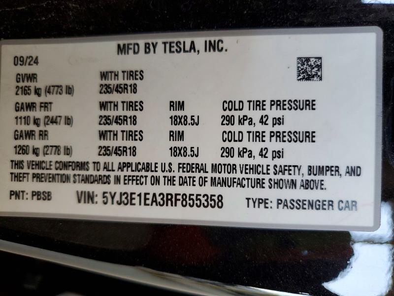 Продаж на аукціоні авто 2024 Tesla Model 3, vin: 5YJ3E1EA3RF855358, номер лоту: 60422536