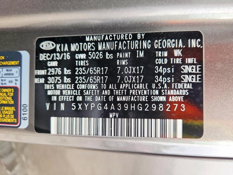 Продаж на аукціоні авто 2017 Kia Sorento, vin: 5XYPG4A39HG298273, номер лоту: 62448776