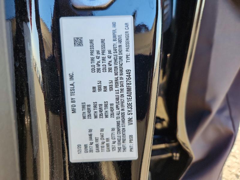 Aukcja sprzedaży 2021 Tesla Model 3, vin: 5YJ3E1EA0MF876449, numer aukcji: 59743186