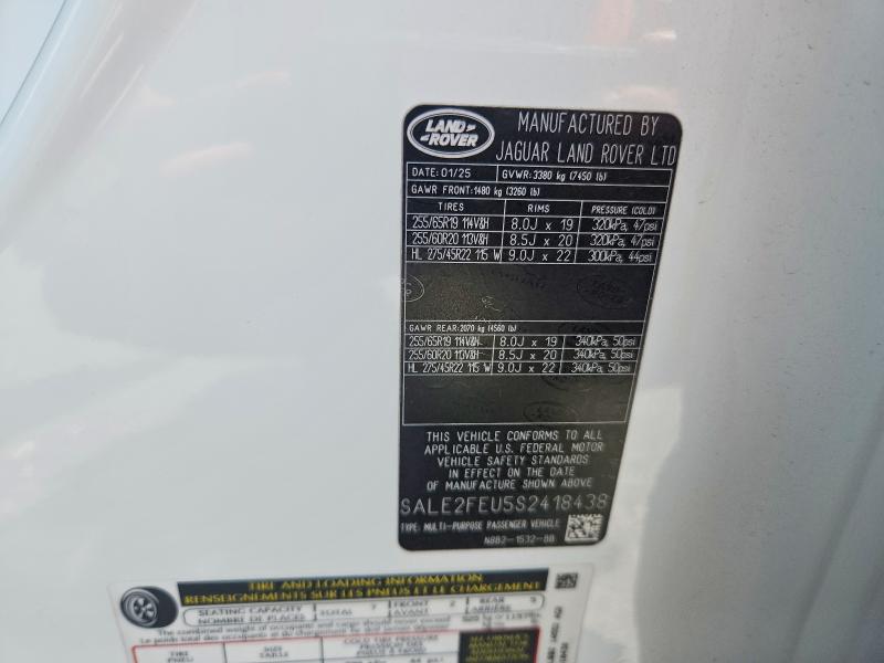 2025 Land Rover Defender მანქანა იყიდება აუქციონზე, vin: SALE2FEU5S2418438, აუქციონის ნომერი: 61289506