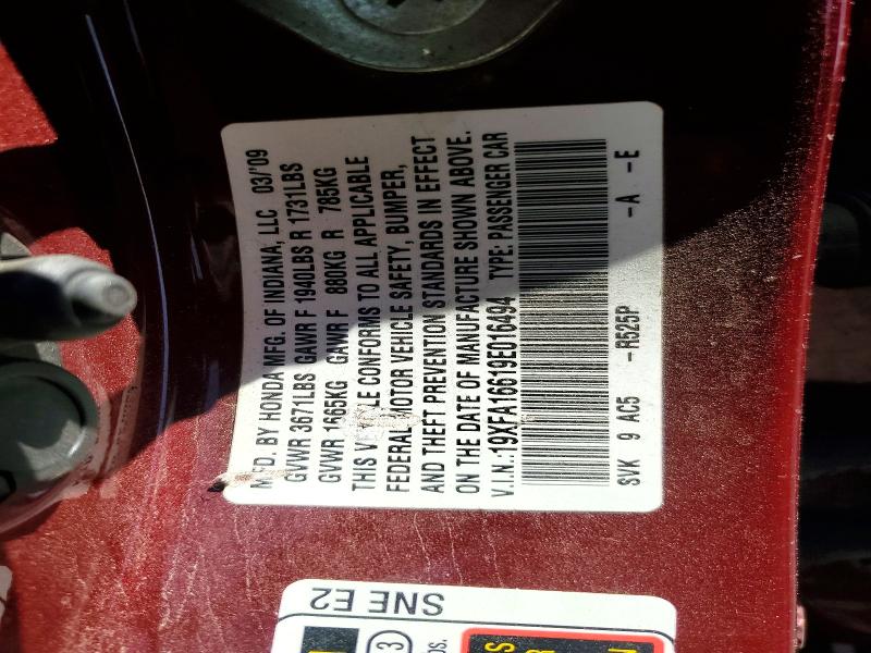 Продаж на аукціоні авто 2009 Honda Civic, vin: 19XFA16619E016494, номер лоту: 62532856