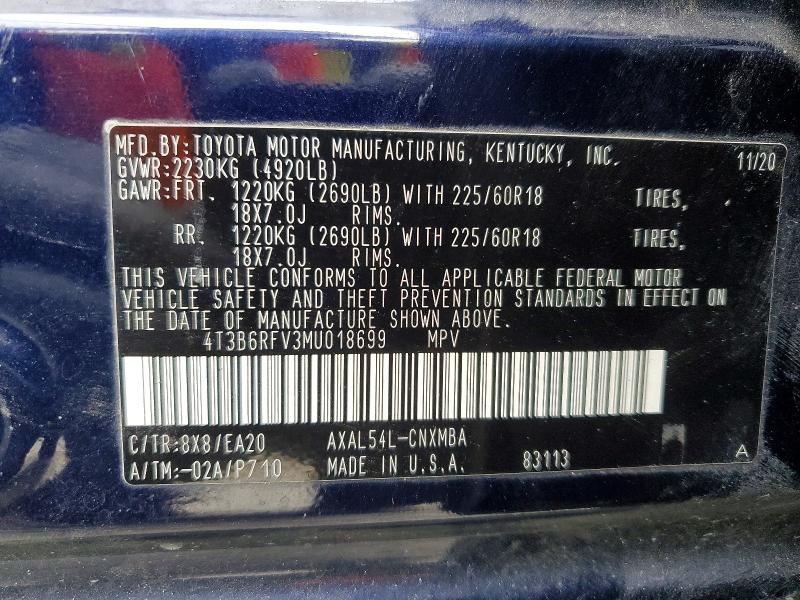 Aukcja sprzedaży 2021 Toyota Rav4 Hybrid, vin: 4T3B6RFV3MU018699, numer aukcji: 59639996