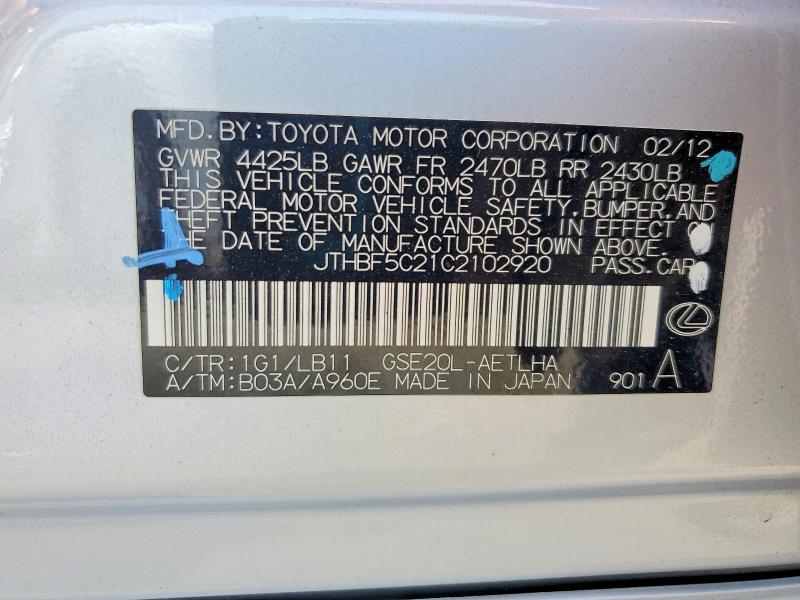 61234626 :رقم المزاد ، JTHBF5C21C2102920 vin ، 2012 Lexus Is مزاد بيع