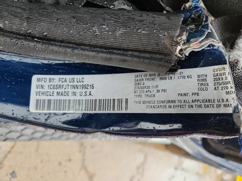 2022 Ram 1500 მანქანა იყიდება აუქციონზე, vin: 1C6SRFJT1NN199216, აუქციონის ნომერი: 60477356