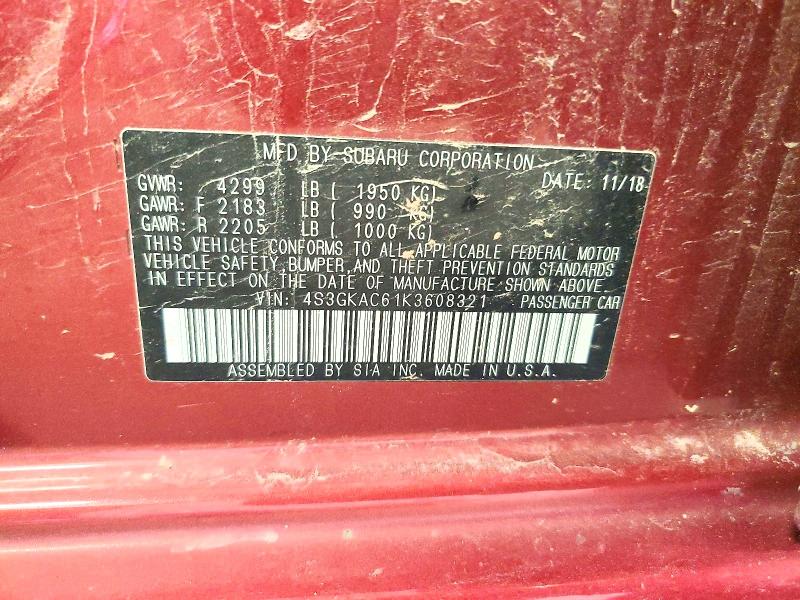 2019 Subaru Impreza მანქანა იყიდება აუქციონზე, vin: 4S3GKAC61K3608321, აუქციონის ნომერი: 63001796