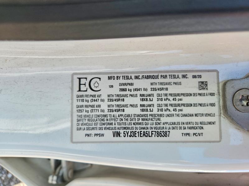 2020 Tesla Model 3 მანქანა იყიდება აუქციონზე, vin: 5YJ3E1EA5LF786387, აუქციონის ნომერი: 61563876