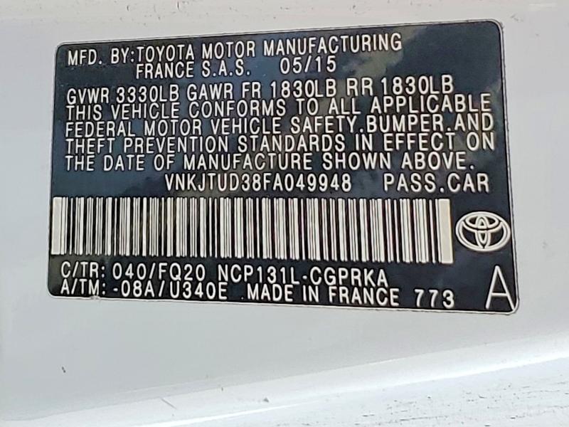 2015 Toyota Yaris მანქანა იყიდება აუქციონზე, vin: VNKJTUD38FA049948, აუქციონის ნომერი: 61053886