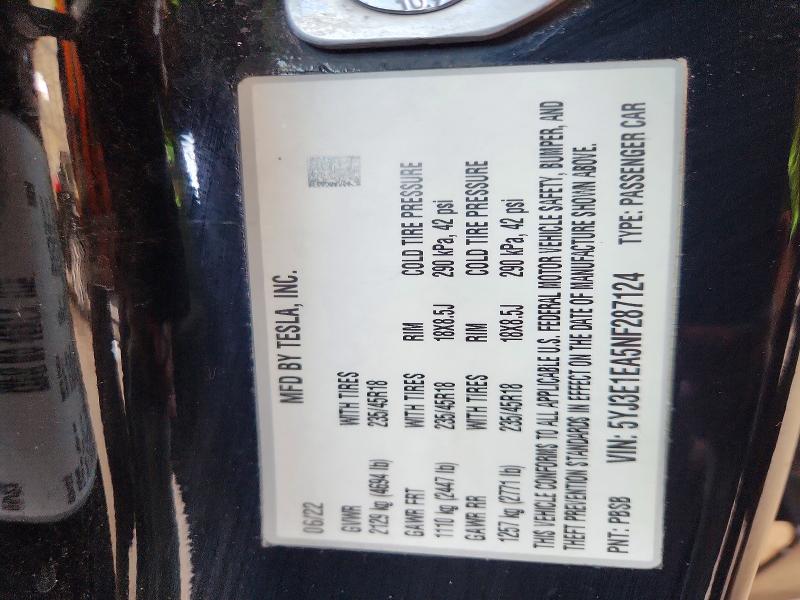 Auction sale of the 2022 Tesla Model 3, vin: 5YJ3E1EA5NF287124, lot number: 62152496