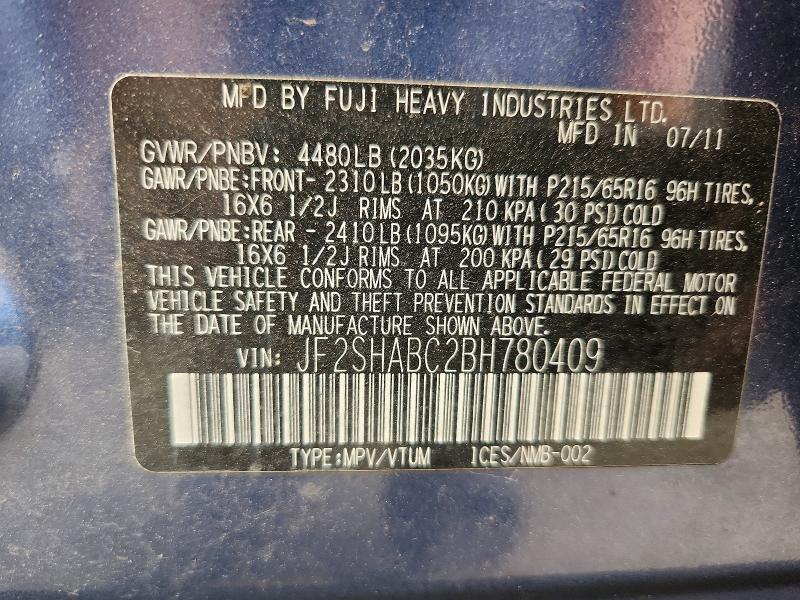 2011 Subaru Forester მანქანა იყიდება აუქციონზე, vin: JF2SHABC2BH780409, აუქციონის ნომერი: 61246426