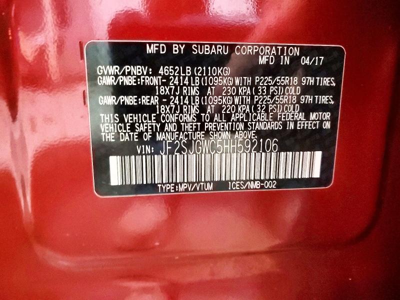 2017 Subaru Forester მანქანა იყიდება აუქციონზე, vin: JF2SJGWC5HH592106, აუქციონის ნომერი: 61897236