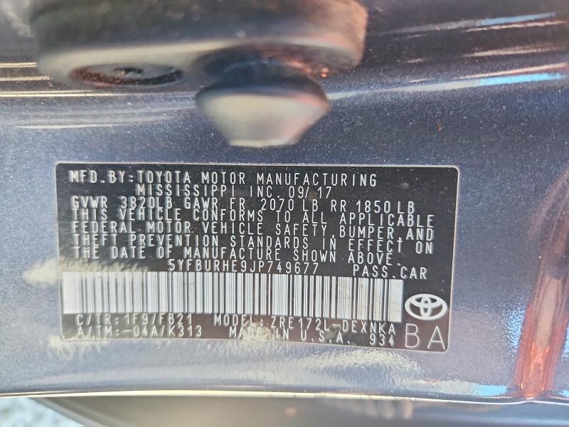 2018 Toyota Corolla მანქანა იყიდება აუქციონზე, vin: 5YFBURHE9JP749677, აუქციონის ნომერი: 60773196