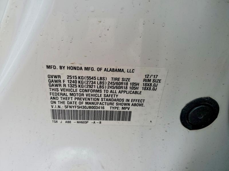 60647526 :رقم المزاد ، 5FNYF5H30JB003416 vin ، 2018 Honda Pilot مزاد بيع