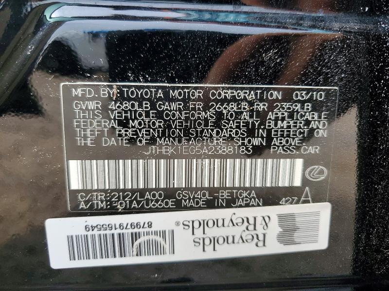 Продажа на аукционе авто 2010 Lexus Es, vin: JTHBK1EG5A2388183, номер лота: 61242996