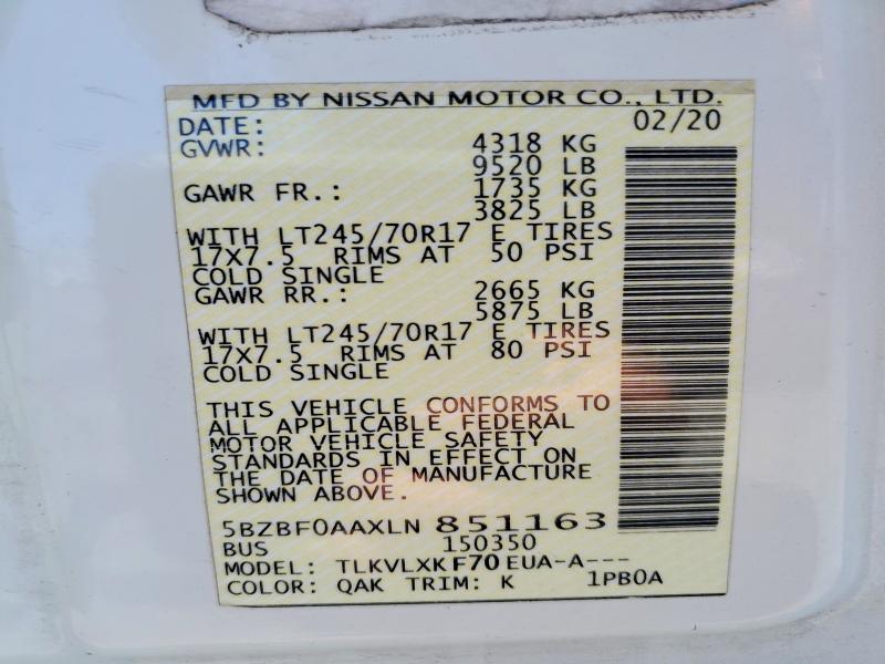 Aukcja sprzedaży 2020 Nissan Nv, vin: 5BZBF0AAXLN851163, numer aukcji: 60005576