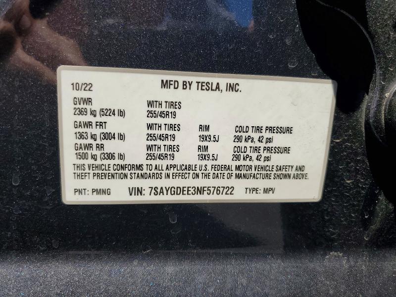 2022 Tesla Model Y მანქანა იყიდება აუქციონზე, vin: 7SAYGDEE3NF576722, აუქციონის ნომერი: 59705796