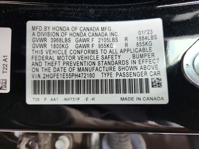 2023 Honda Civic მანქანა იყიდება აუქციონზე, vin: 2HGFE1E55PH472160, აუქციონის ნომერი: 63386726