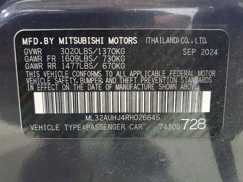 2024 Mitsubishi Mirage მანქანა იყიდება აუქციონზე, vin: ML32AUHJ4RH026645, აუქციონის ნომერი: 62798206