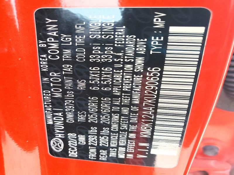 61595666 :رقم المزاد ، KM8K12AA7KU290656 vin ، 2019 Hyundai Kona مزاد بيع