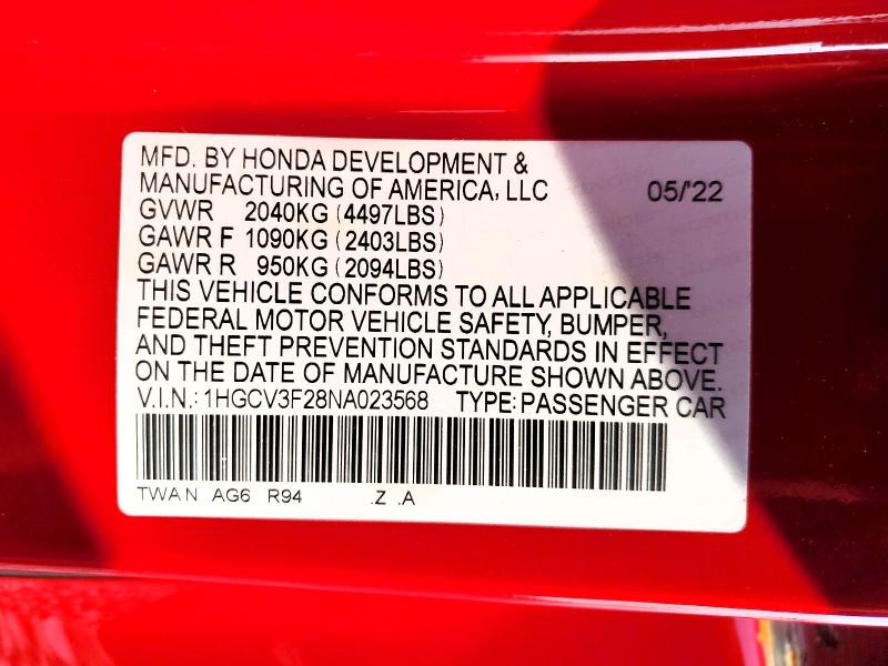 Продаж на аукціоні авто 2022 Honda Accord, vin: 1HGCV3F28NA023568, номер лоту: 61688166