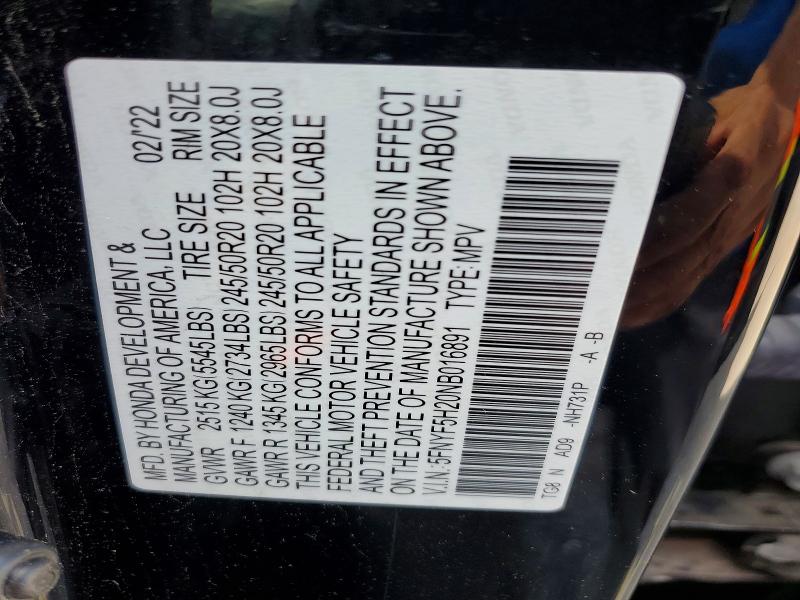 Продаж на аукціоні авто 2022 Honda Pilot, vin: 5FNYF5H20NB016891, номер лоту: 53943116